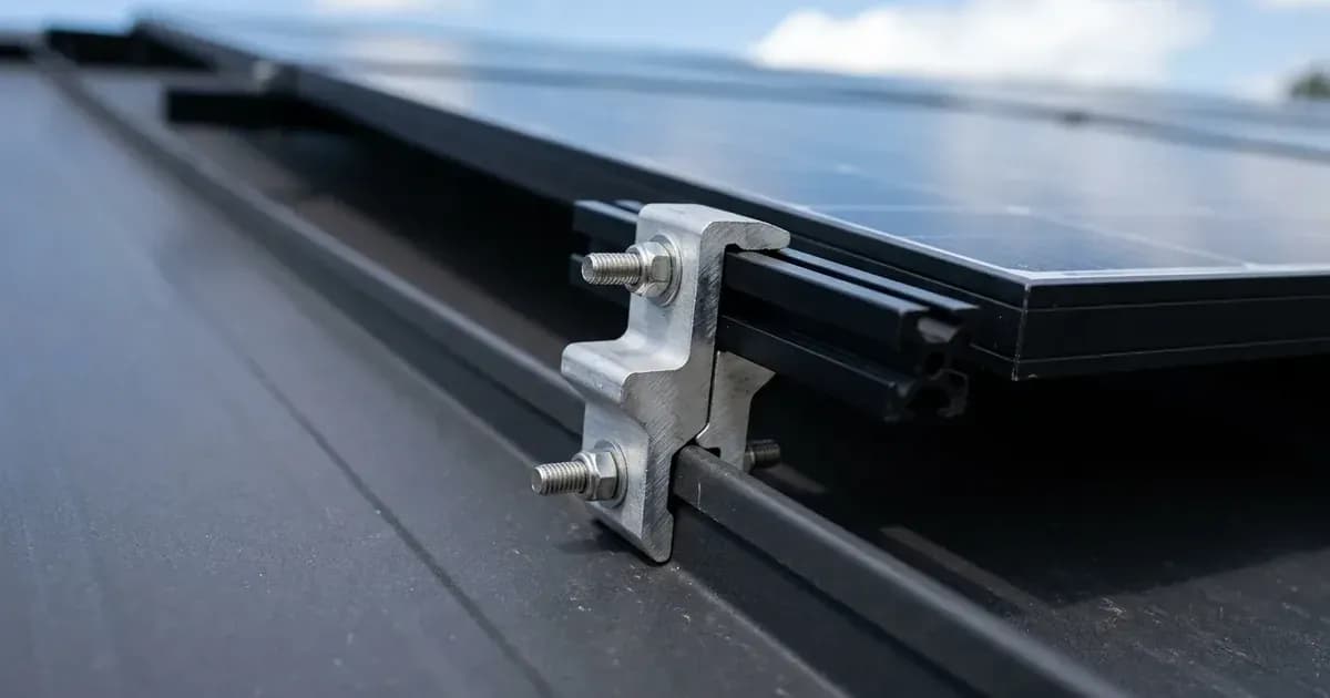 Seam clamp attached to a standing-seam metal roof securing solar panel mounting rails. — SolarNevs spec card
