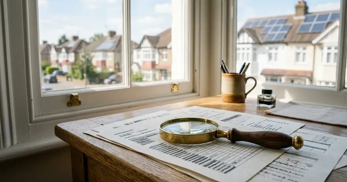 Magnifying glass resting on tax documents on a desk with rooftop solar panels visible outside. — SolarNevs spec card