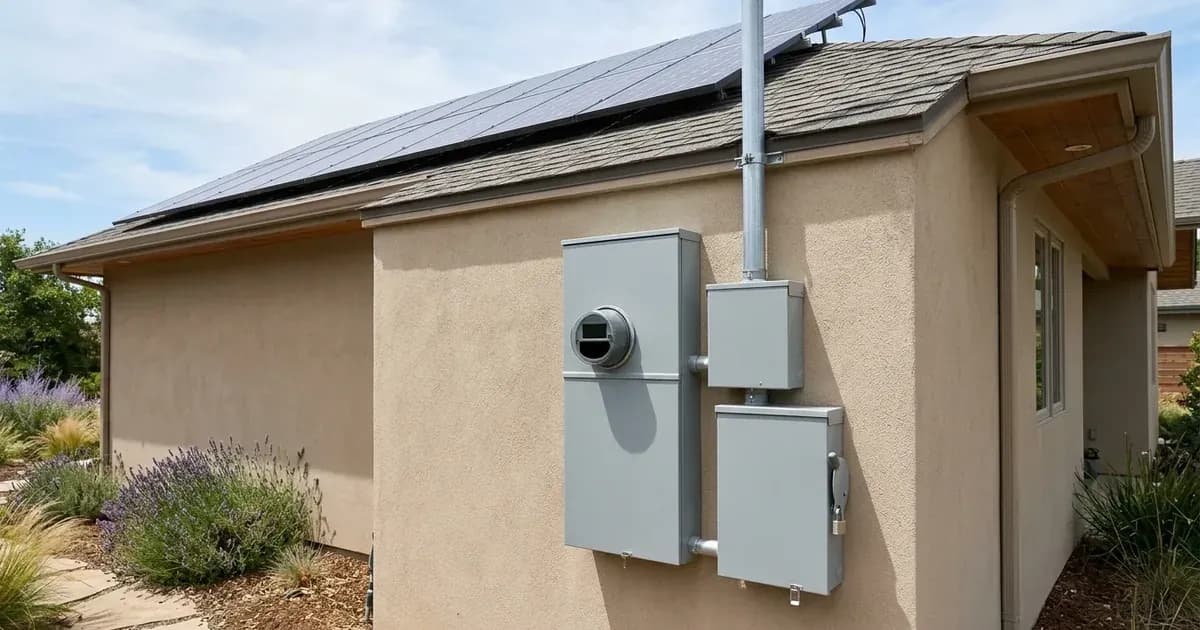 Exterior utility meter and electrical disconnect boxes on a residential home with rooftop solar panels. — SolarNevs spec card