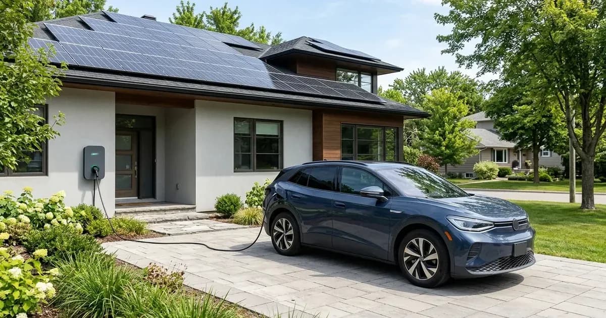 Electric vehicle plugged into an exterior wall charger at a suburban home with rooftop solar panels. — SolarNevs spec card