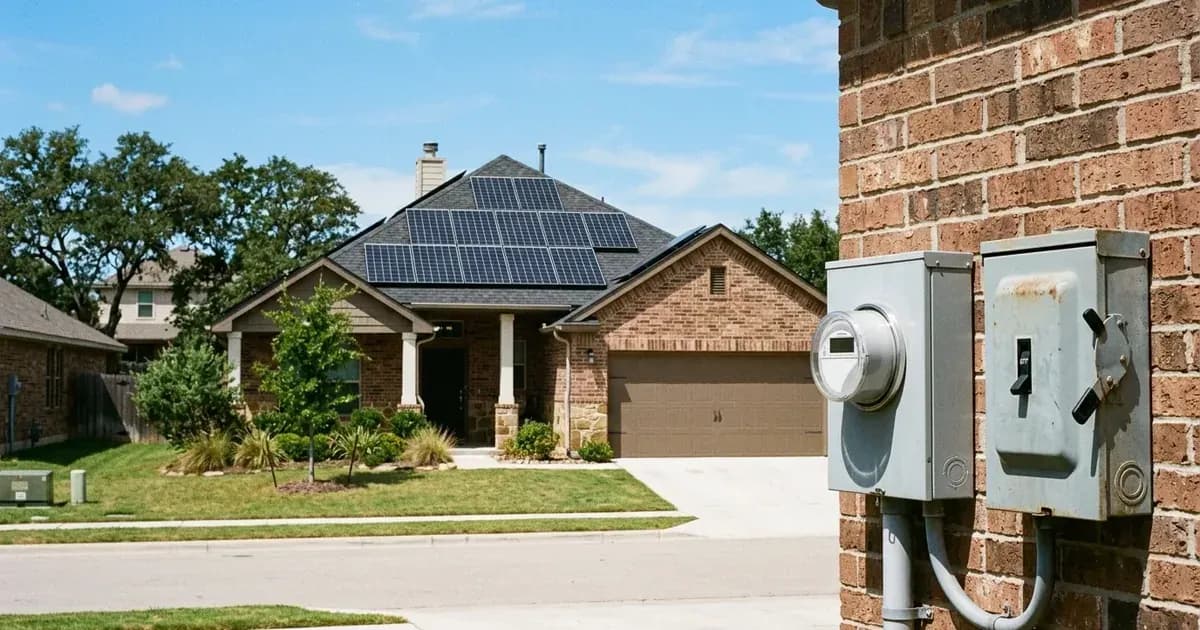 Suburban brick home with rooftop solar panels and an exterior smart electric meter on the wall. — SolarNevs spec card