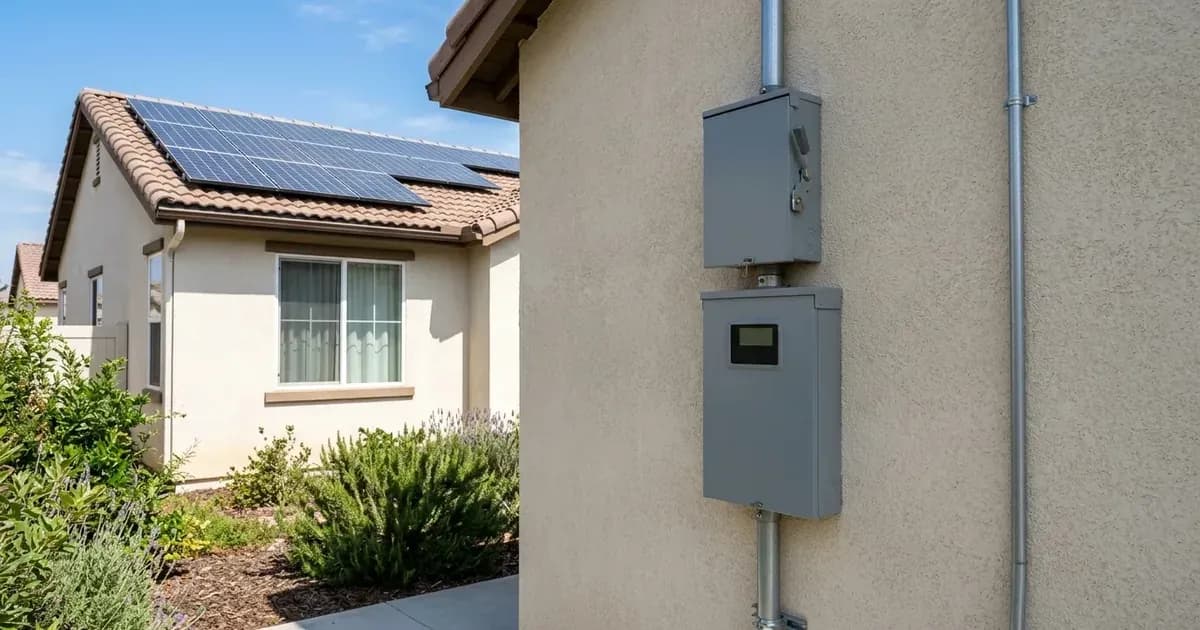 Exterior utility meter and solar disconnect switch box on a residential stucco wall with solar panels. — SolarNevs spec card
