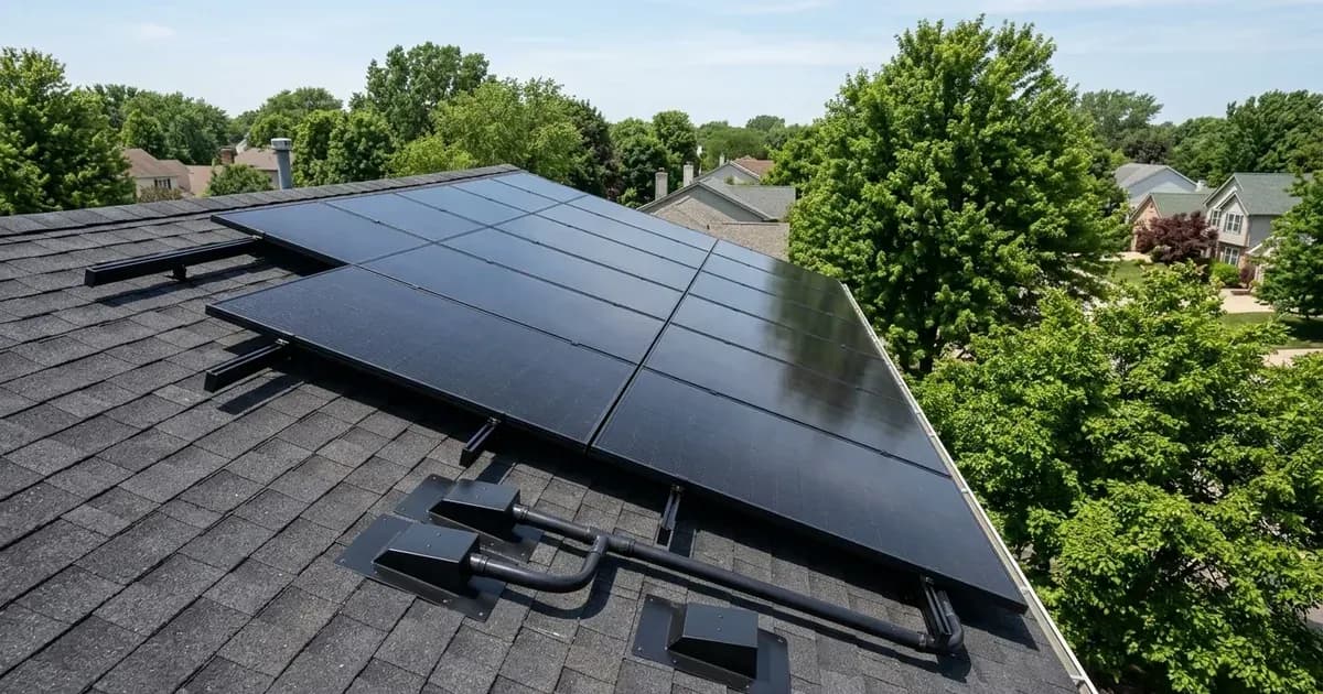 Residential solar panel array neatly mounted on an asphalt shingle roof with waterproof conduit flashing. — SolarNevs spec card