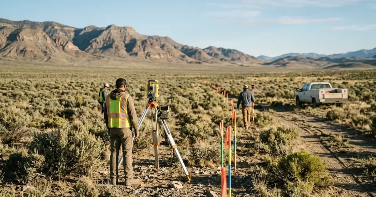 Surveyors with transit equipment marking right-of-way boundaries on desert public land for a solar project. — SolarNevs spec card
