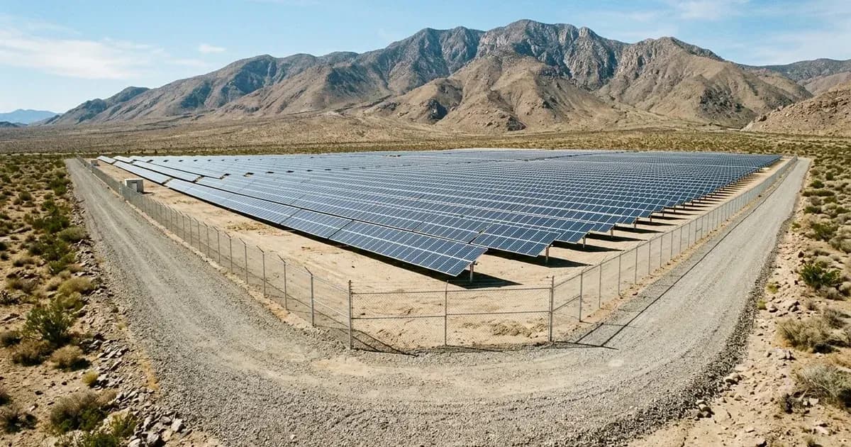 Fenced utility-scale solar farm with perimeter gravel firebreak road on desert public land. — SolarNevs spec card