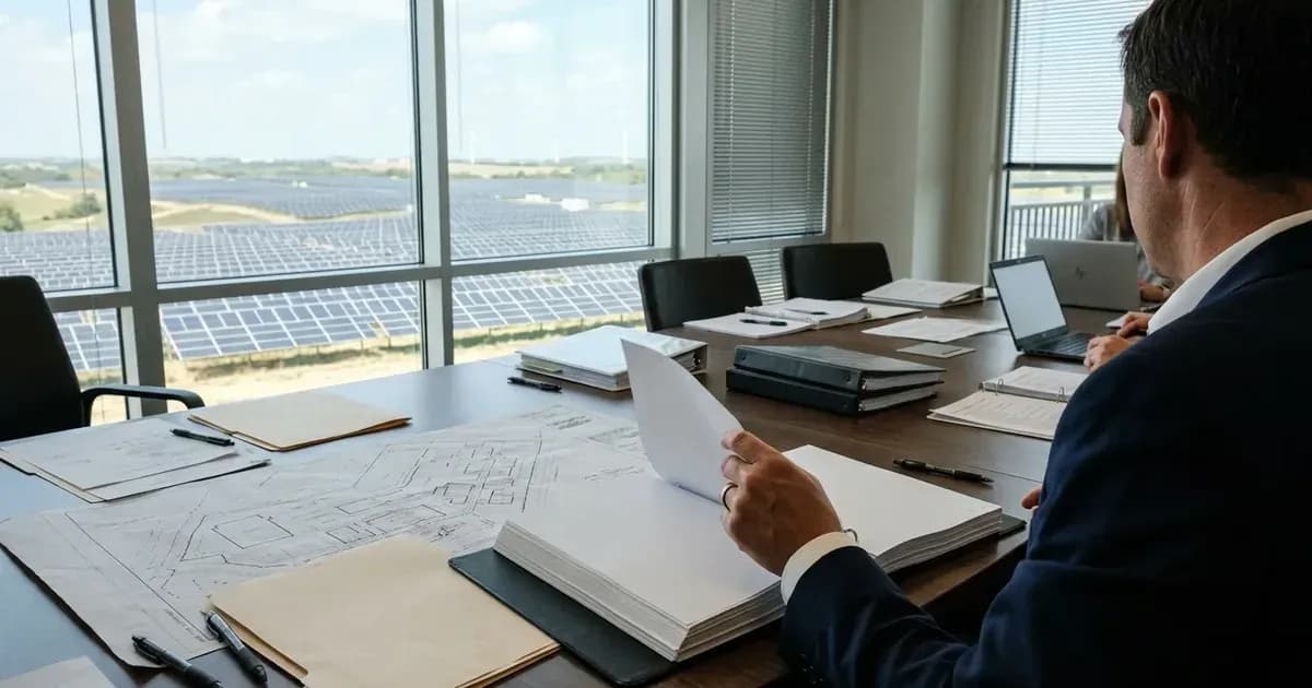 Legal and compliance files on a conference table overlooking a large solar energy installation. — SolarNevs spec card