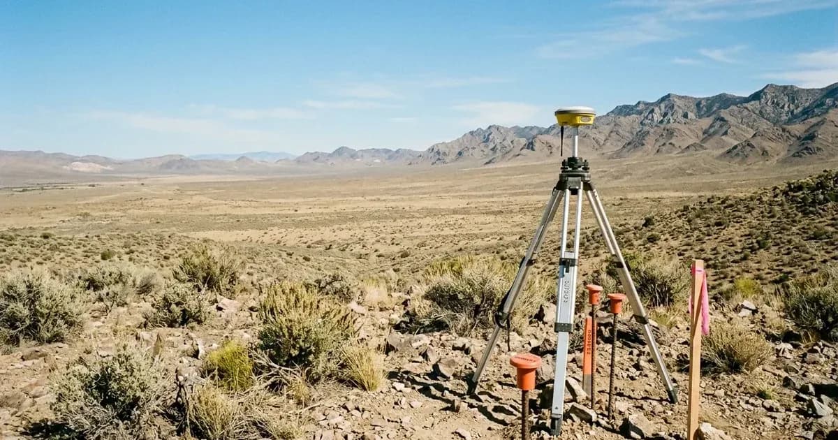 GPS land survey tripod and boundary markers on a desert ridge overlooking solar leasing land. — SolarNevs spec card