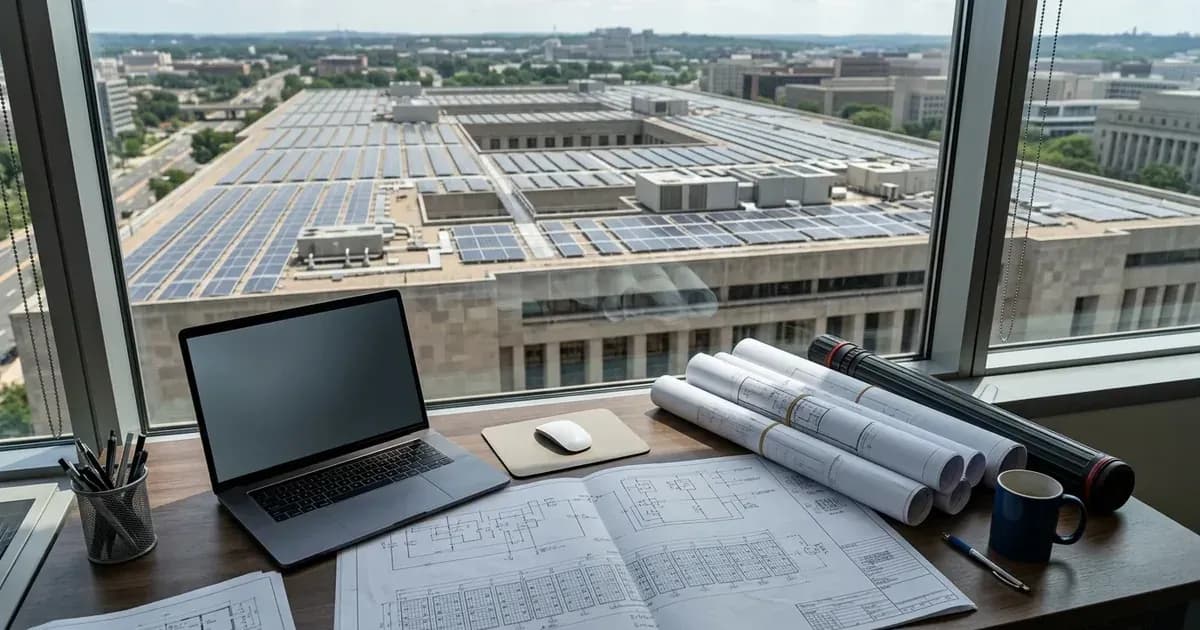 Solar engineering blueprints and desk overlooking a flat rooftop solar panel array on a federal building. — SolarNevs spec card
