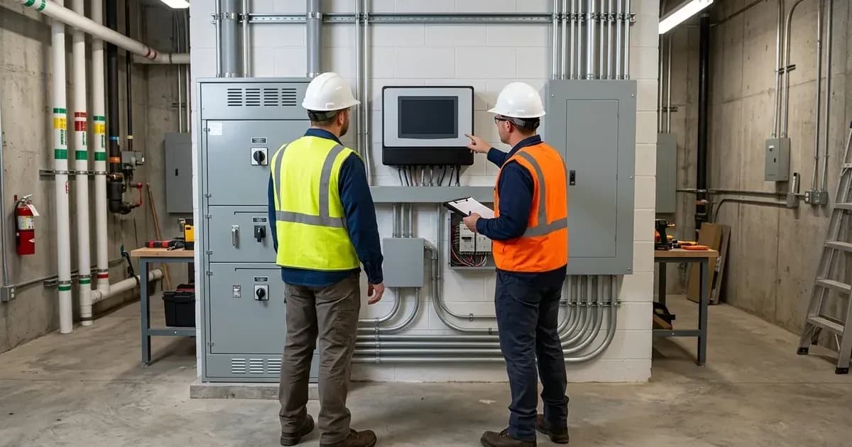 Technicians seen from behind inspecting commercial solar telemetry monitors in a facility electrical utility room. — SolarNevs spec card