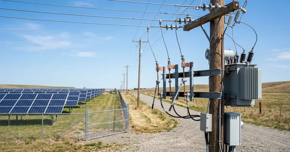 Utility pole transformer and disconnect switches connecting a small ground-mounted solar farm to the grid. — SolarNevs spec card