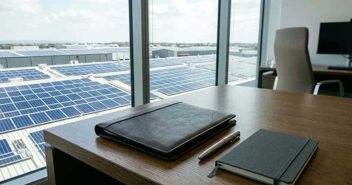Office desk with leather folder and notebook beside a window overlooking a commercial rooftop solar array. — SolarNevs spec card