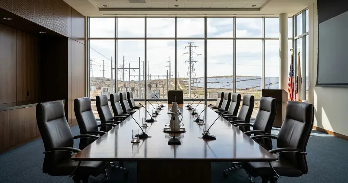 Formal conference boardroom overlooking electrical transmission towers and a solar energy facility outside. — SolarNevs spec card