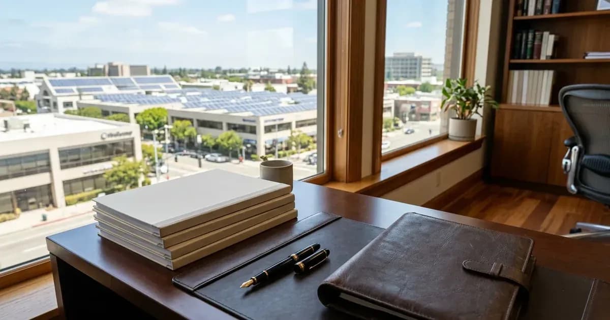 Office desk with document folders and fountain pen overlooking commercial rooftop solar arrays outside. — SolarNevs spec card