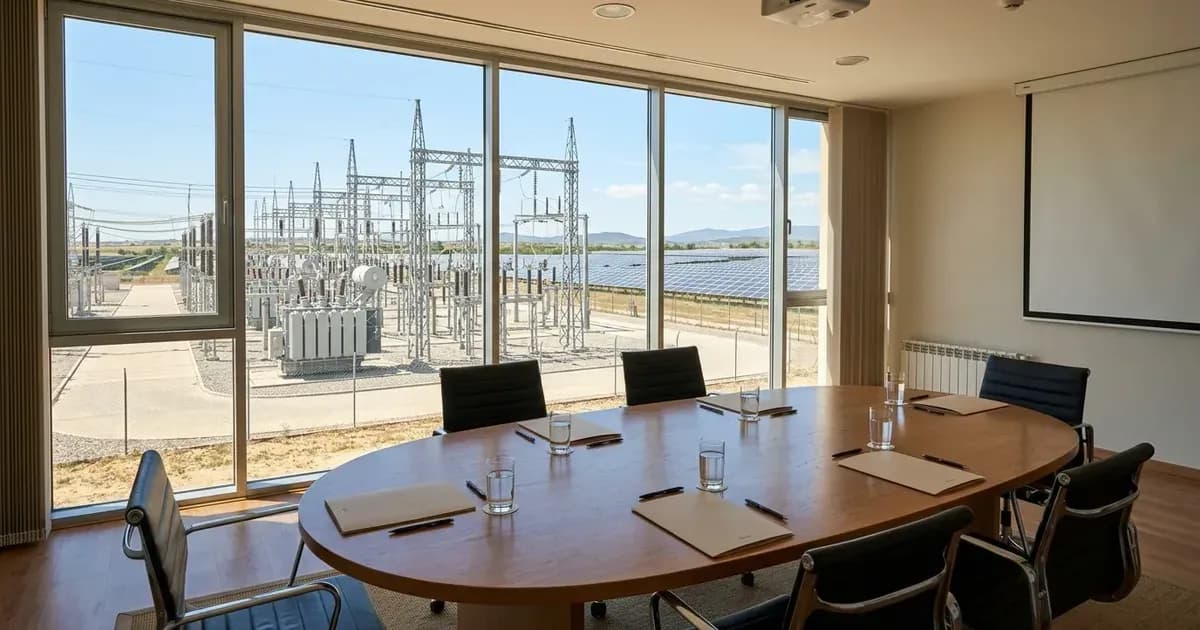 Meeting room with document folders overlooking an outdoor electrical utility substation in daylight. — SolarNevs spec card