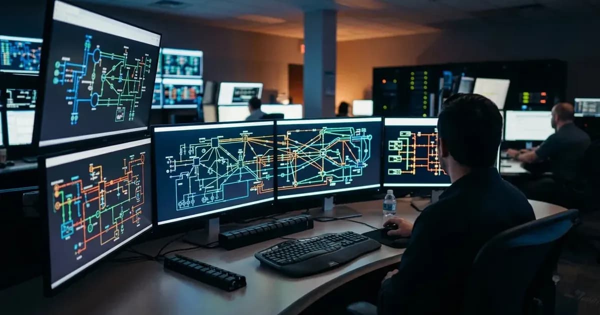 Electrical grid operations center with operator monitoring grid network topology displays. — SolarNevs spec card