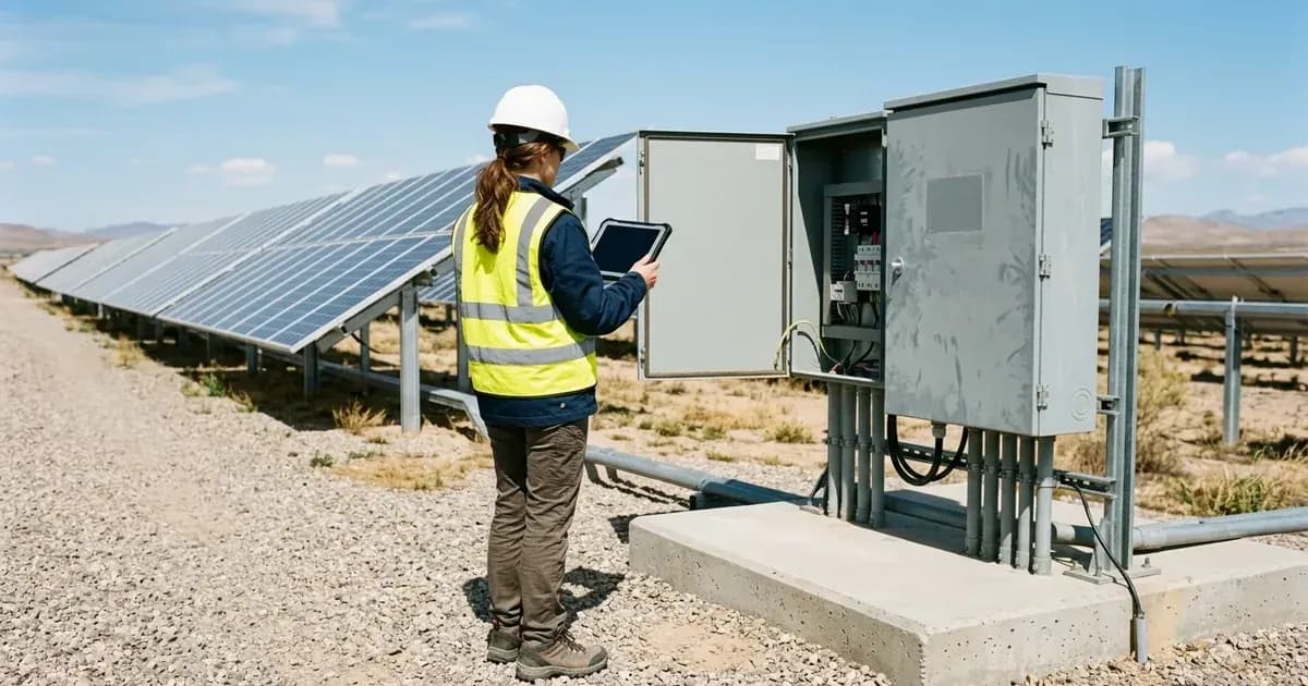 Technician with tablet seen from behind inspecting electrical enclosures at a ground-mount solar farm. — SolarNevs spec card