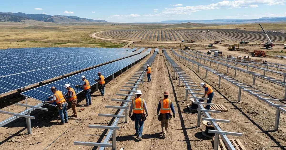 Workers in safety vests and hard hats constructing ground-mount solar arrays on a utility-scale project. — SolarNevs spec card