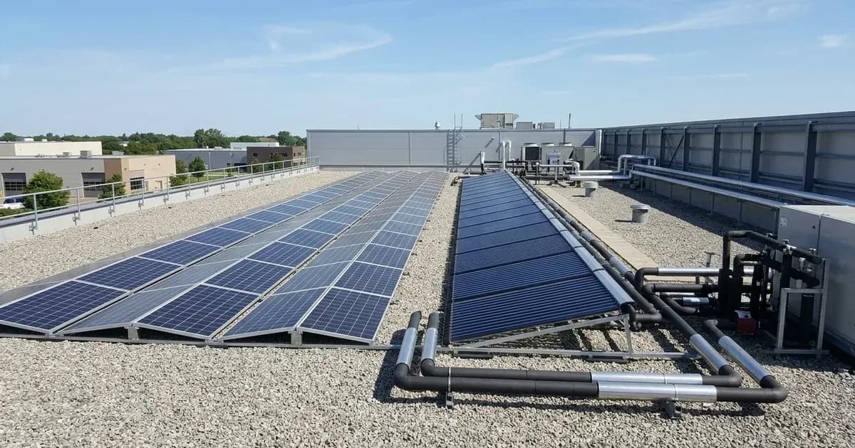 Photovoltaic solar panels and evacuated-tube solar thermal collectors mounted on a flat gravel commercial roof. — SolarNevs spec card