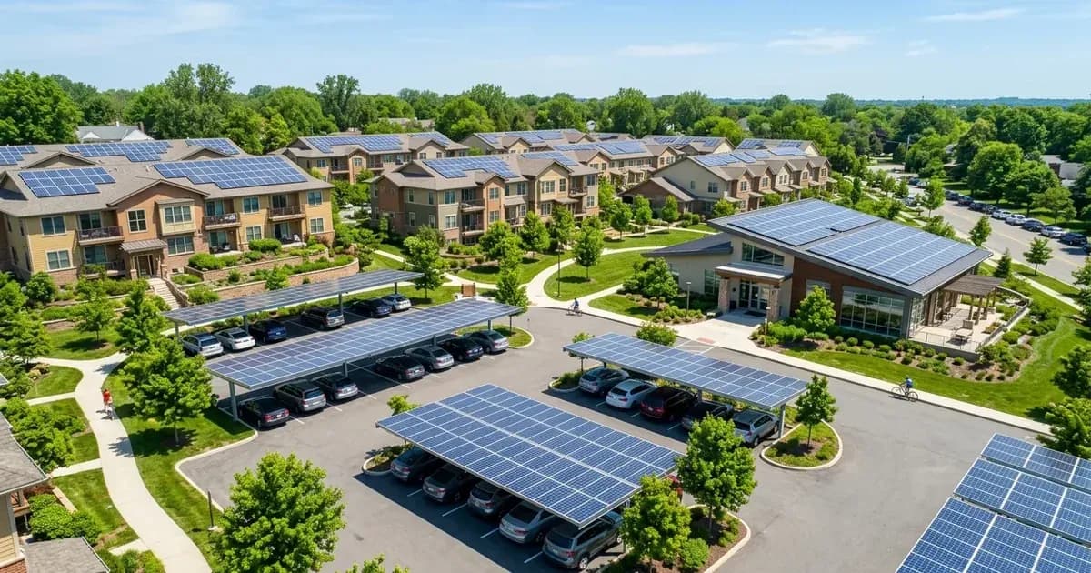 Suburban apartment community featuring rooftop solar installations and solar canopy parking carports. — SolarNevs spec card
