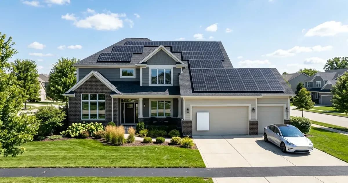 Suburban home featuring rooftop solar panel array and wall-mounted energy storage battery. — SolarNevs spec card