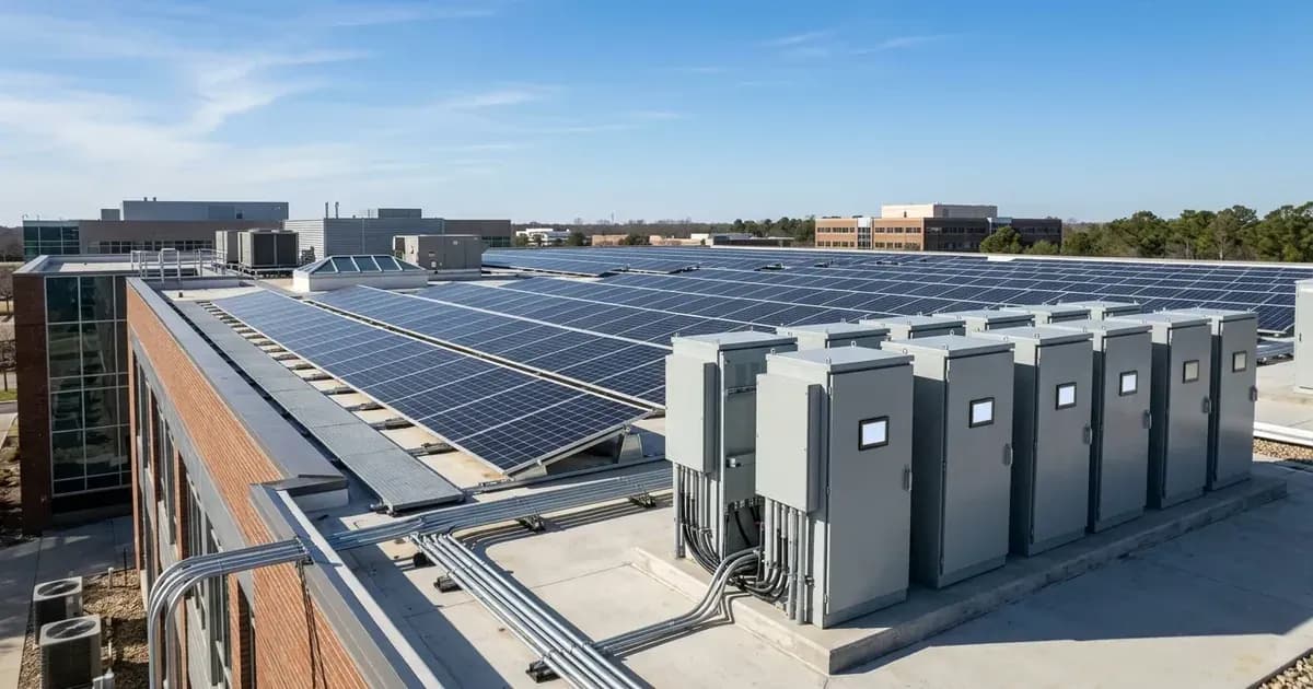 Commercial rooftop solar photovoltaic array and outdoor battery storage system on a modern building. — SolarNevs spec card