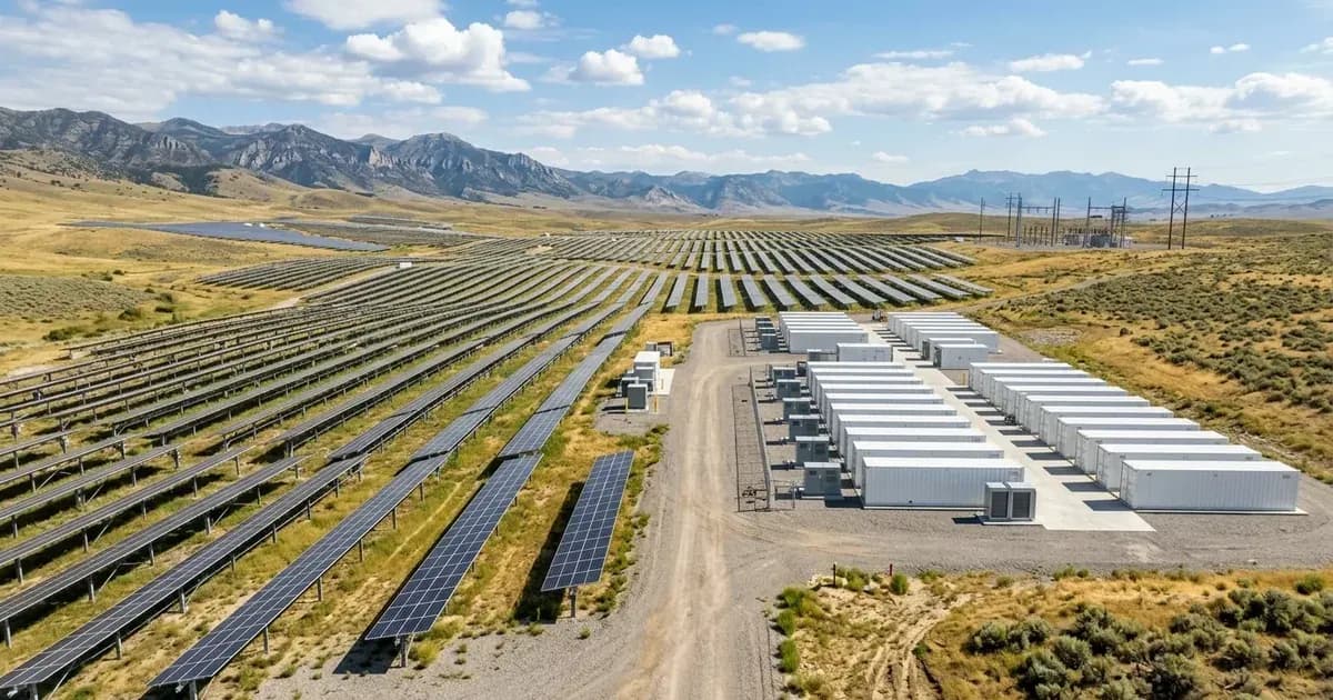 Ground-mounted utility solar photovoltaic array alongside commercial battery storage containers. — SolarNevs spec card
