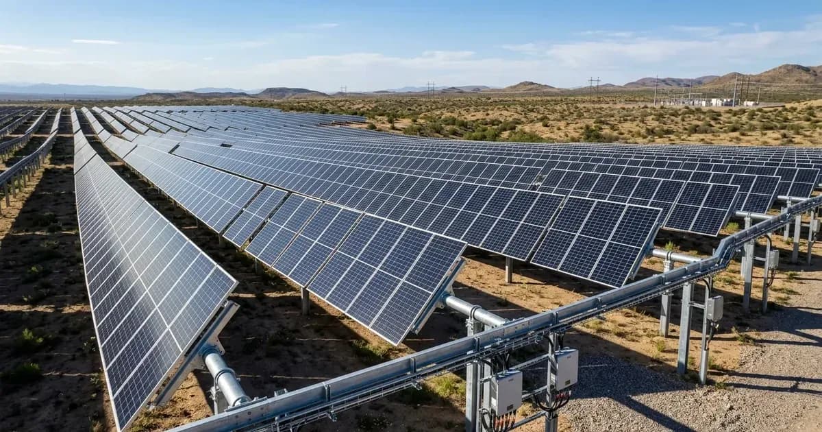 Monocrystalline solar photovoltaic panels on steel ground-mount racking under bright daylight. — SolarNevs spec card