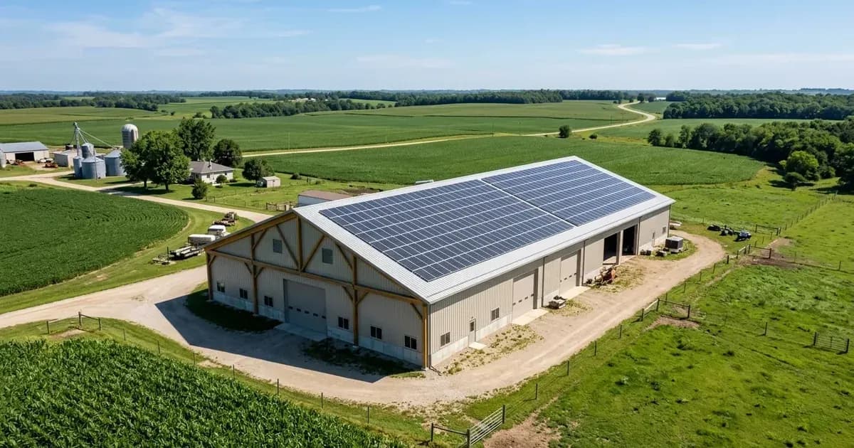 Large solar photovoltaic panel array installed across the metal roof of an agricultural barn. — SolarNevs spec card