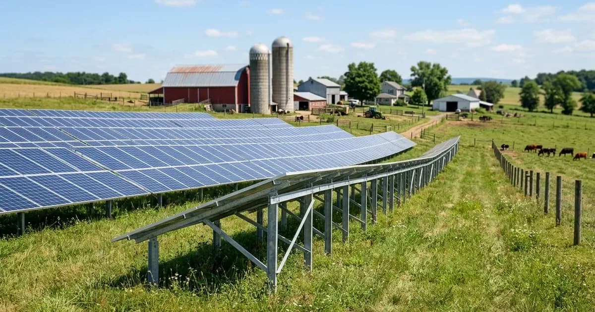 Ground-mounted solar photovoltaic array on agricultural pastureland with farm buildings in background. — SolarNevs spec card