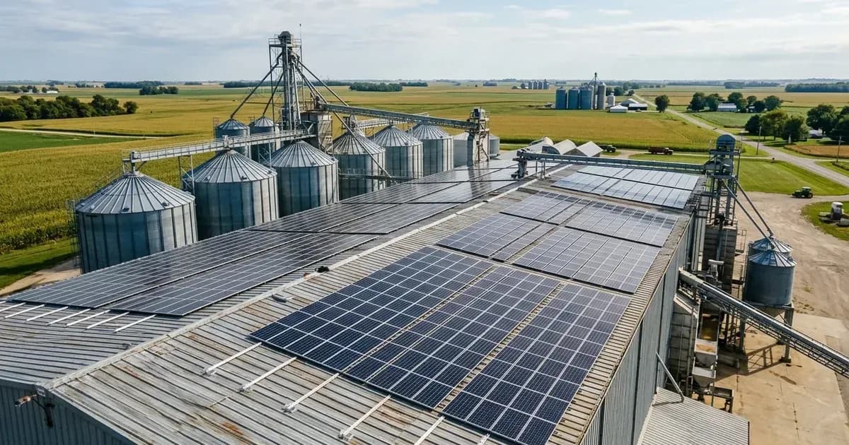 Large commercial rooftop solar photovoltaic array on an agricultural grain processing facility. — SolarNevs spec card