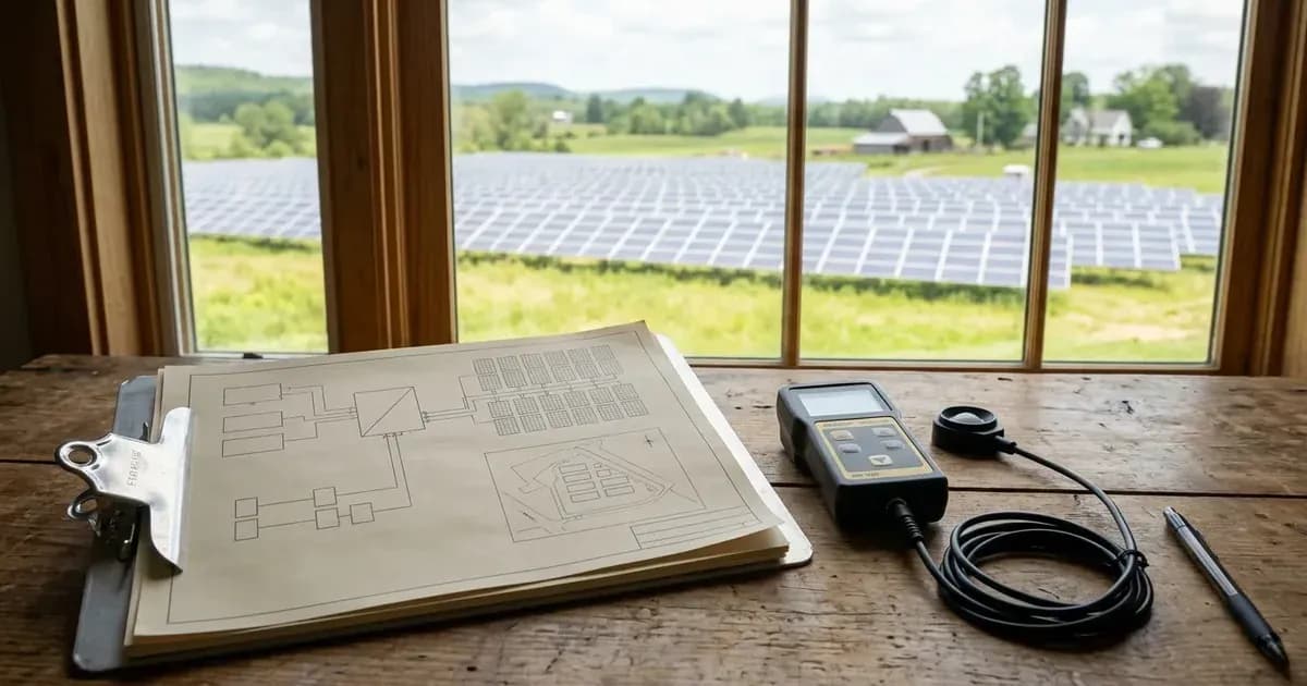 Solar engineering plans and irradiance measurement meter on a desk overlooking an agricultural array. — SolarNevs spec card