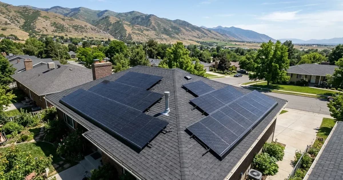 Rooftop solar panels with required fire code clearance pathways on a home in Utah. — SolarNevs spec card