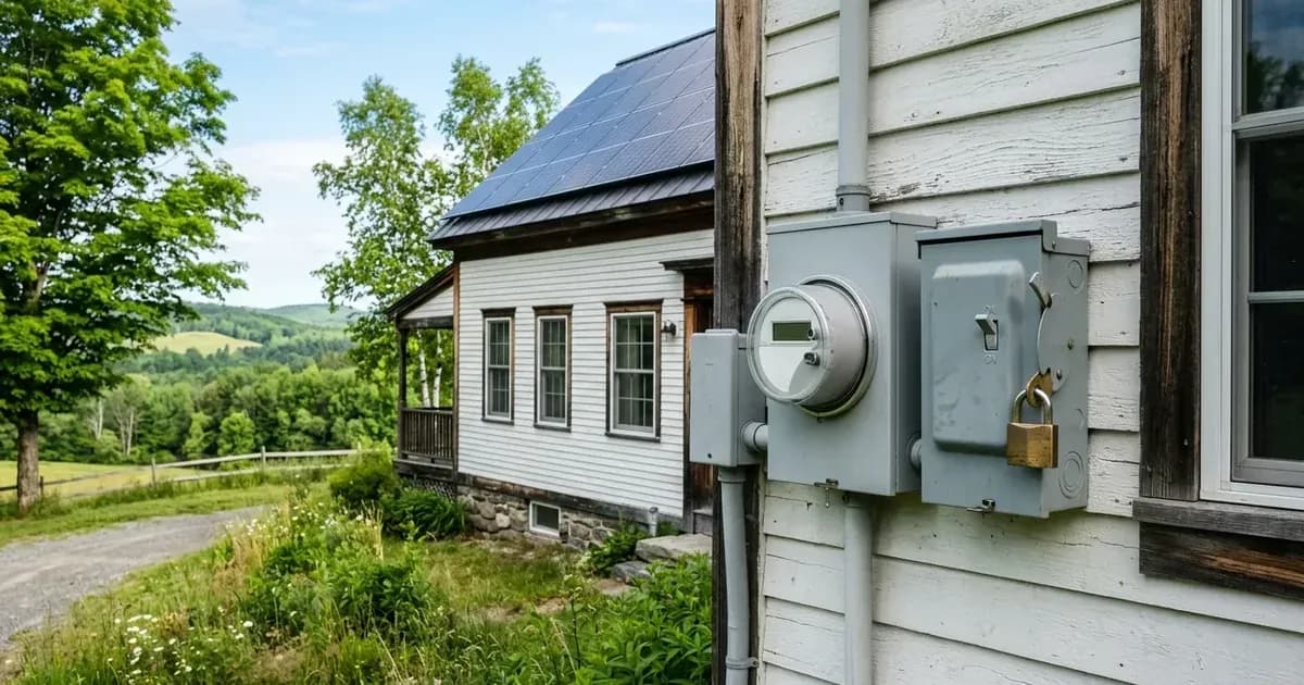 Exterior digital utility meter and locked AC disconnect switch mounted on a Vermont farmhouse. — SolarNevs spec card