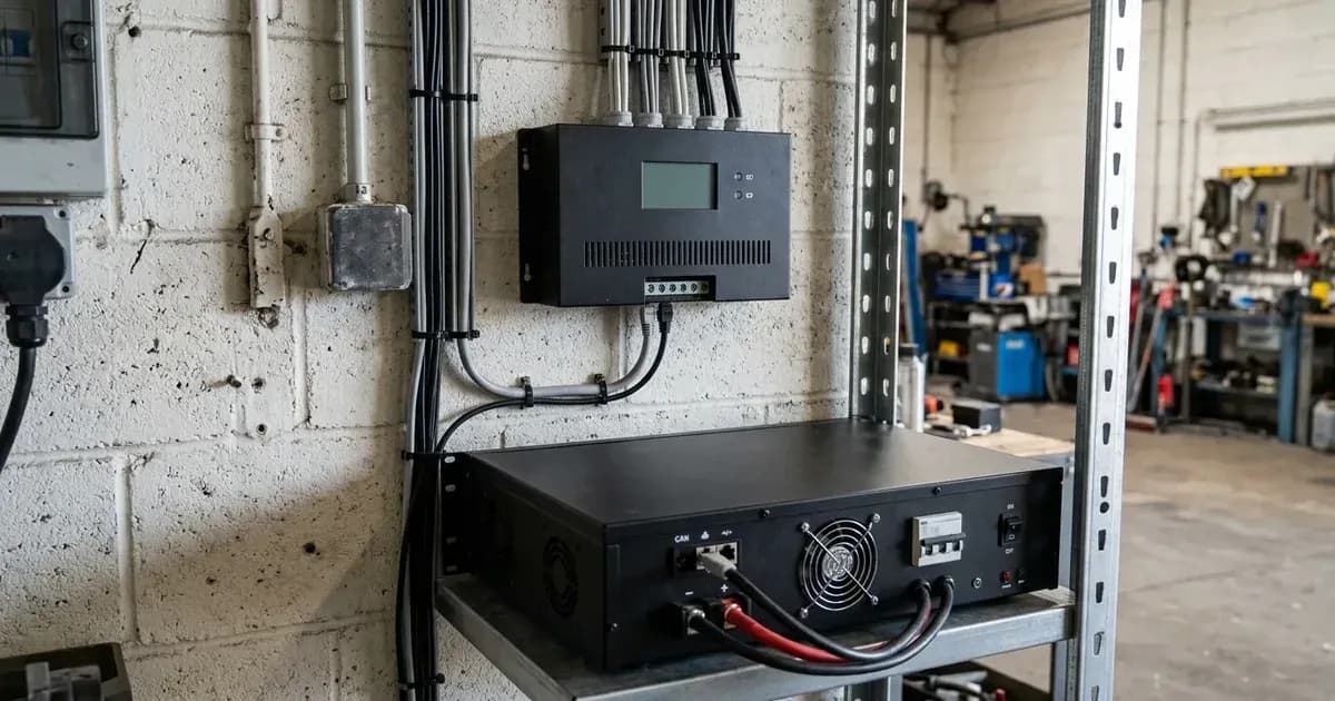 System controller connected via communication cable to a rack-mounted lithium battery unit. — SolarNevs spec card