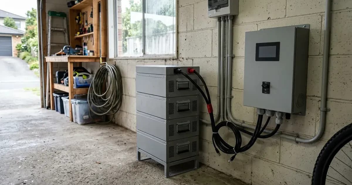 Modular battery tower connected to a wall-mounted management controller in a residential garage. — SolarNevs spec card