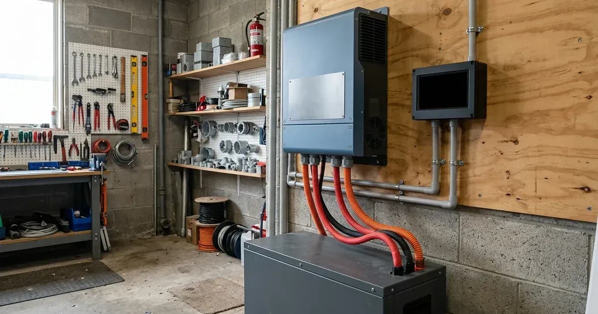 Wall-mounted inverter and blank monitor connected to a battery storage cabinet in a workshop. — SolarNevs spec card