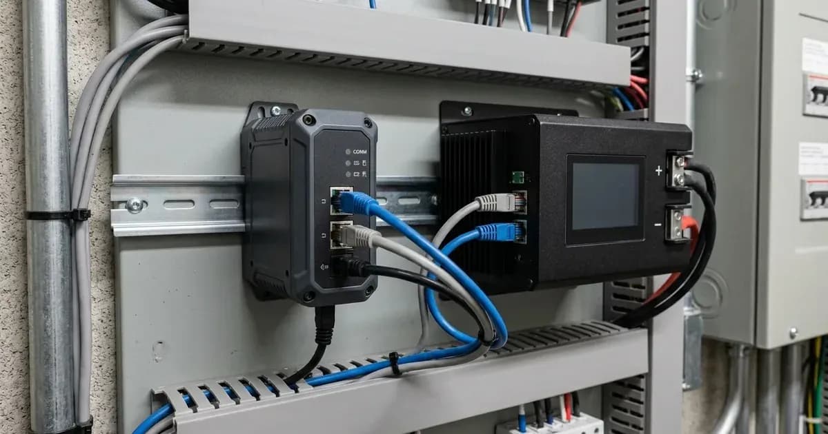 DIN-rail mounted communication gateway connected with Ethernet cables to battery management hardware. — SolarNevs spec card