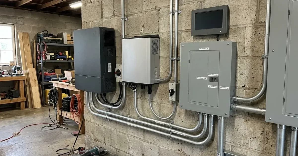 AC-coupled hybrid battery inverter and string solar inverter installed beside an electrical panel. — SolarNevs spec card