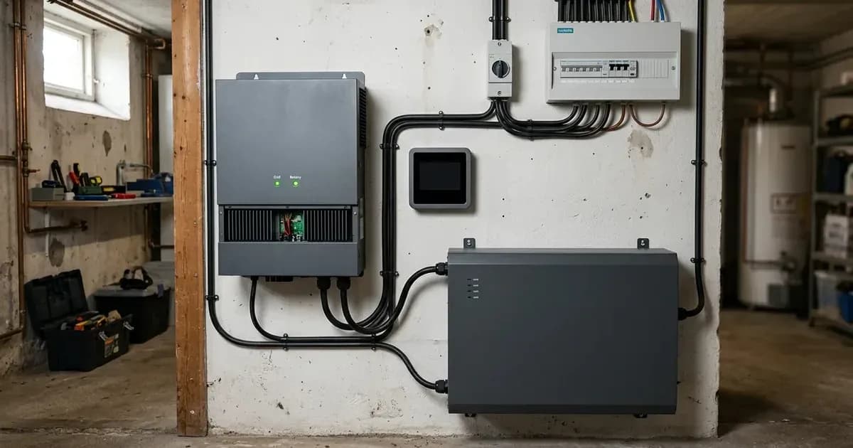 Hybrid inverter-charger and wall-mounted lithium battery storage system connected in a utility room. — SolarNevs spec card
