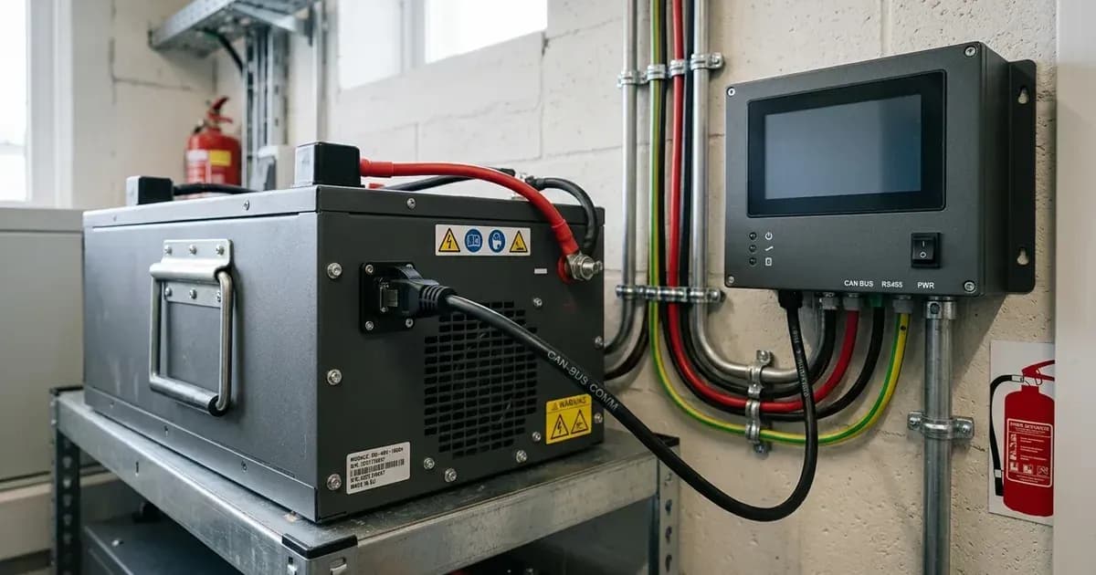 System display controller connected via CAN-bus communication cable to an industrial lithium battery module. — SolarNevs spec card