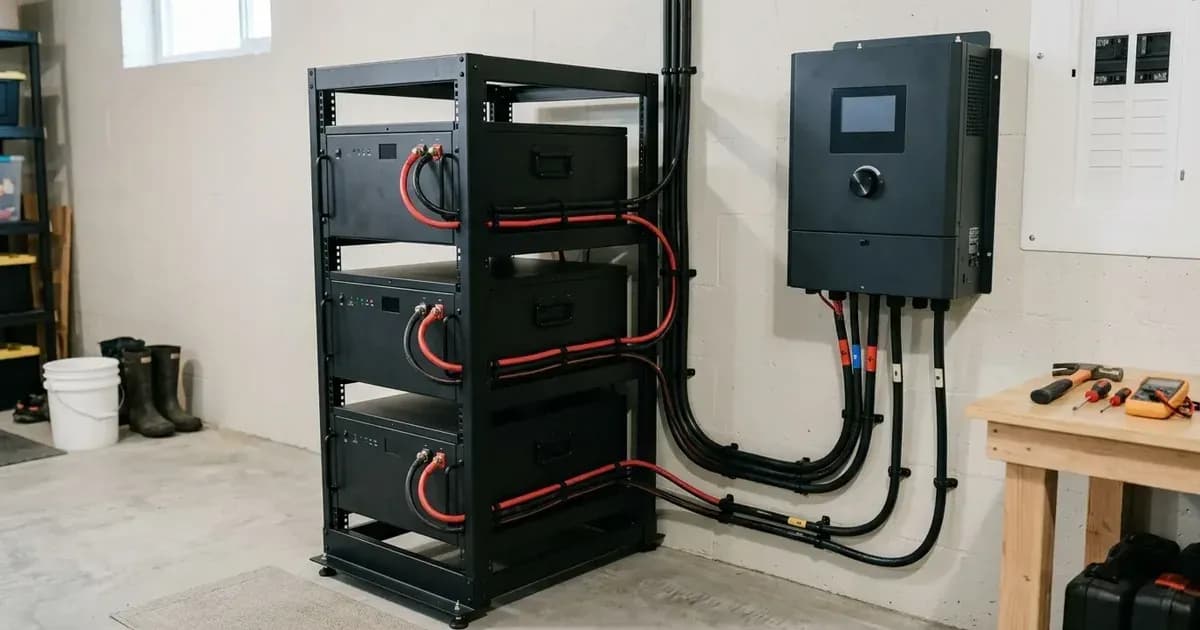 Rack-mounted lithium battery stack connected to an unbranded system controller in a utility room. — SolarNevs spec card