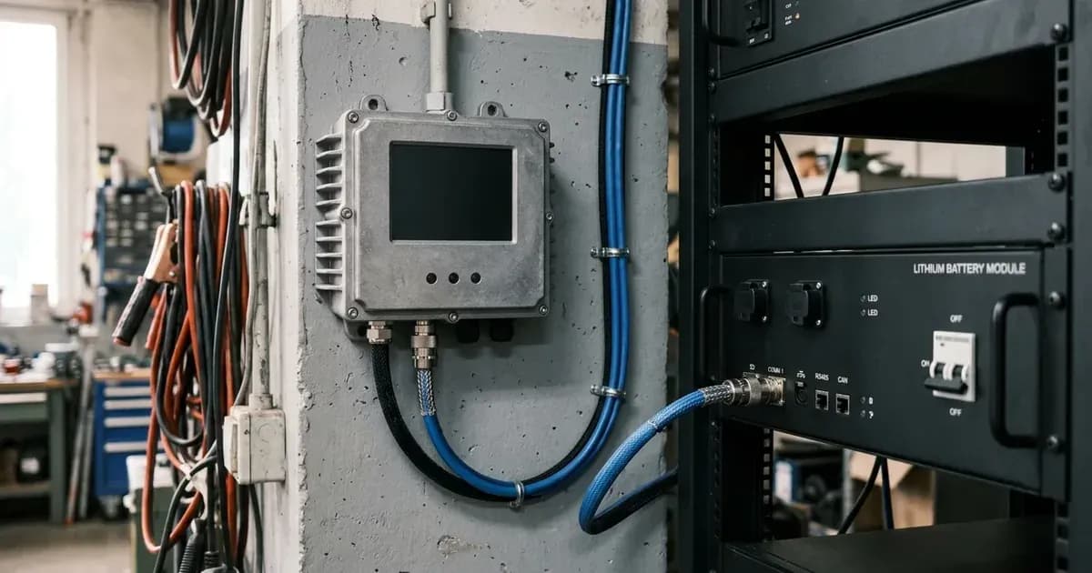 Wall-mounted communication hub connected via CAN-bus cable to a rack lithium battery terminal. — SolarNevs spec card
