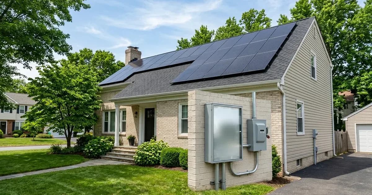 Suburban Virginia home with rooftop solar panels, exterior AC disconnect switch, and utility meter. — SolarNevs spec card