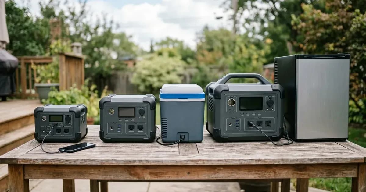 Three unbranded portable solar power stations in small, medium, and large sizes lined up on a wooden table. — SolarNevs spec card