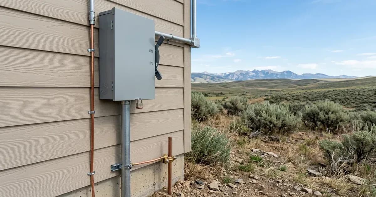 Outdoor metal safety disconnect enclosure and electrical conduit installed on an exterior home wall in Wyoming. — SolarNevs spec card