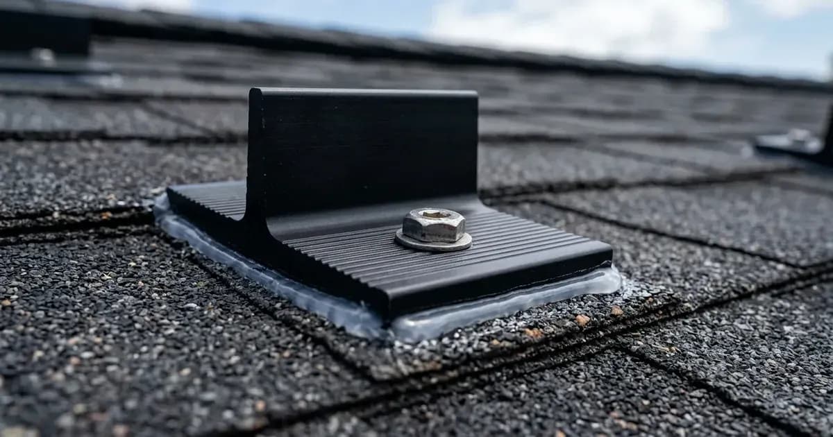 Black solar mounting foot secured to asphalt roof shingles with waterproof silicone sealant. — SolarNevs spec card