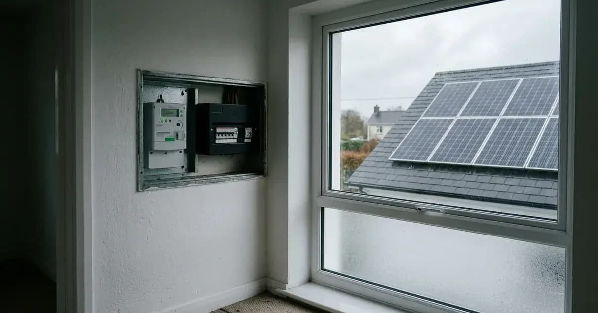 Domestic electricity meter and fuse box beside a window overlooking rooftop solar panels on an Irish slate roof. — SolarNevs spec card