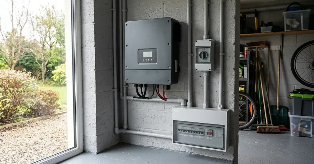 Solar inverter, isolator switch, and consumer unit installed with conduit on a garage wall. — SolarNevs spec card