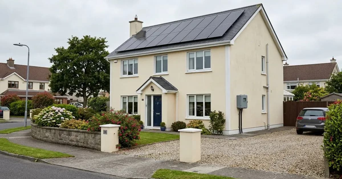 Solar panel installation on an Irish residential slate roof with an exterior export meter. — SolarNevs spec card