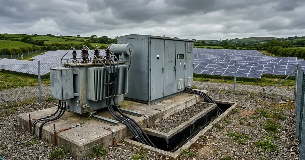 Grid-tie transformer station and switchgear at an Irish solar installation. — SolarNevs spec card